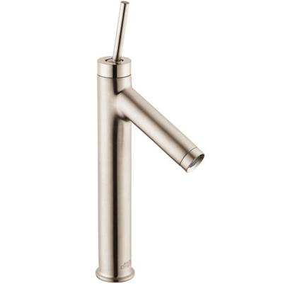 Brushed nickel single-hole bathroom faucet with tall cylindrical body and angled spout.