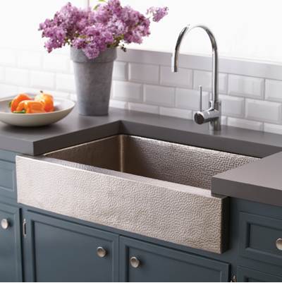 Brushed nickel double-basin farmhouse kitchen sink with textured front apron installed in gray countertop.