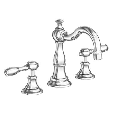 Chrome widespread bathroom sink faucet with curved spout and two lever handles on cylindrical bases.