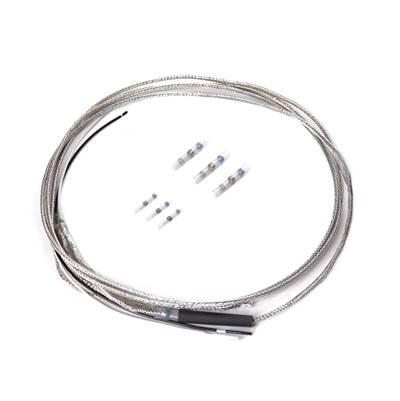 Coiled gray lead wire with black connector end and assorted small silver connector terminals on white background.