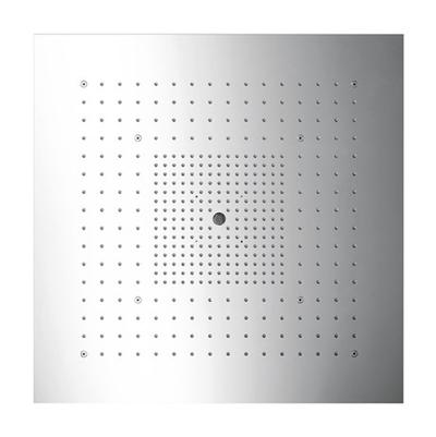 Square stainless steel showerhead with grid pattern of multiple spray jets and brushed metallic finish.