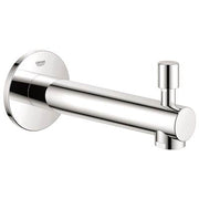 Chrome tub spout with diverter lever and round wall flange, cylindrical spout design.