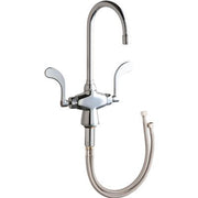 Chrome sink faucet with curved gooseneck spout, dual lever handles, and flexible hose attachment.