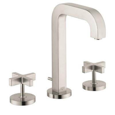 Brushed nickel widespread faucet with tall curved spout and two cross-shaped handles on circular bases.