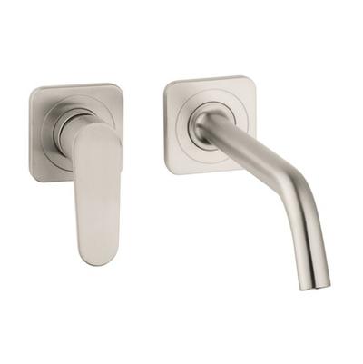 Brushed nickel wall-mount faucet with single lever handle and curved spout.