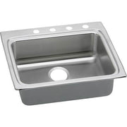 Stainless steel drop-in sink with single rectangular bowl, drain hole, and four faucet mounting holes along top rim.