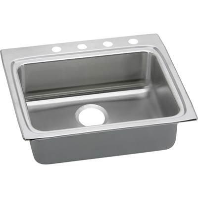 Stainless steel drop-in sink with single rectangular bowl, drain hole, and four faucet mounting holes along top rim.