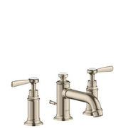 Brushed nickel three-piece widespread faucet with dual lever handles and low curved spout.