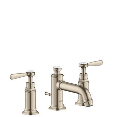 Brushed nickel three-piece widespread faucet with dual lever handles and low curved spout.