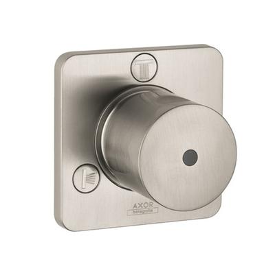 Brushed nickel cylindrical trim knob mounted on square escutcheon plate with control buttons.