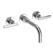 Polished chrome wall-mount lavatory faucet with curved spout and two lever handles.