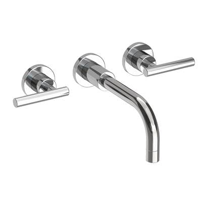 Polished chrome wall-mount lavatory faucet with curved spout and two lever handles.
