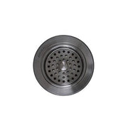 Round stainless steel strainer with perforated center bowl and dark rim, shown from above.