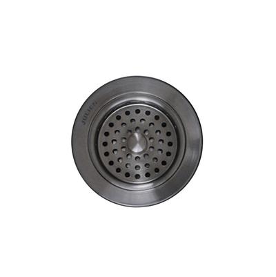Round stainless steel strainer with perforated center bowl and dark rim, shown from above.