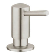 Stainless steel soap dispenser with cylindrical body, rounded top, and horizontal pump lever on circular base.