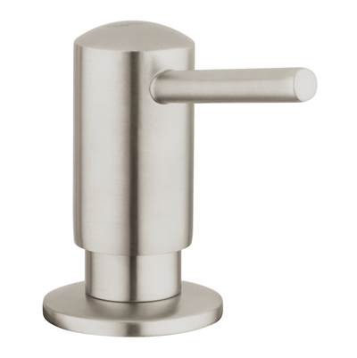 Stainless steel soap dispenser with cylindrical body, rounded top, and horizontal pump lever on circular base.
