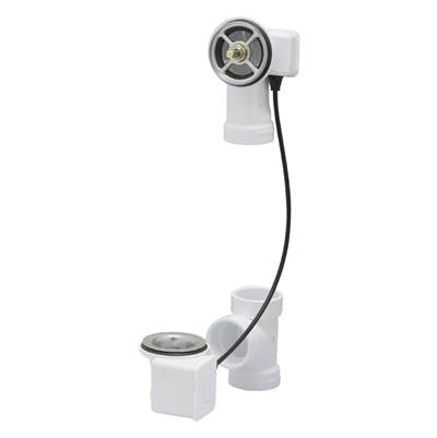 White plastic bath waste and overflow roughing-in assembly with rotary control valve and connecting pipe.