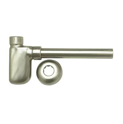 Polished nickel decorative bottle trap with cylindrical body, horizontal outlet tube, and circular wall flange.