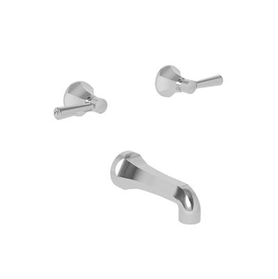 Chrome wall-mounted roman tub filler trim with two lever handles and curved spout.