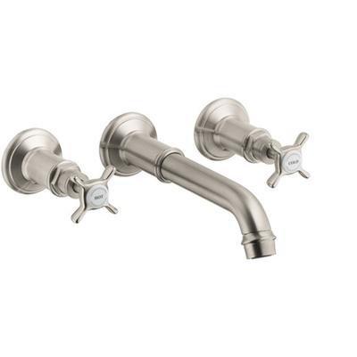 Brushed nickel wall-mounted faucet trim with curved spout and two cross handles.