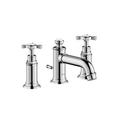 Polished nickel widespread bathroom faucet with two cross handles and curved low spout.