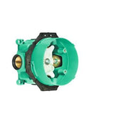 Green cylindrical valve body with brass ports, black mounting bracket, and internal diverter mechanism visible through center
