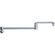 Chrome double jointed swing spout with 18-inch reach and wall-mounted connection point.