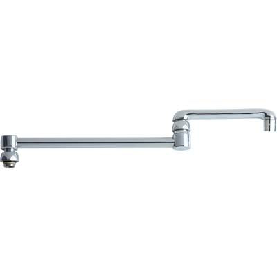 Chrome double jointed swing spout with 18-inch reach and wall-mounted connection point.