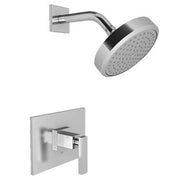 Polished chrome shower trim set with round showerhead, curved arm, wall-mounted valve trim plate with lever handle.