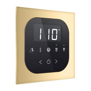 Polished brass square flush mount steam shower control panel with digital display showing 110 degrees and touch buttons.