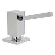 Countertop soap and lotion dispenser with rectangular pump mechanism and square base in chrome finish.