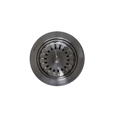 Stainless steel kitchen sink strainer with perforated basket and adjustable collar, top view.