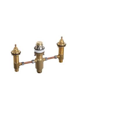 Brass 3-hole tub filler rough-in valve with two vertical spouts and connecting pipe assembly.