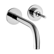 Chrome wall-mount faucet with curved spout and single handle control on circular backplates.