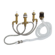 Brass four-hole tub filler rough-in with flexible hoses and valve components for bathtub installation.