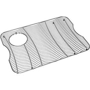 Stainless steel sink bottom grid with parallel wire design and circular drain hole cutout.