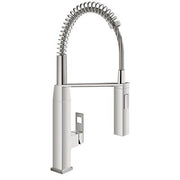 Chrome kitchen faucet with tall arched spout, pull-down sprayer hose, and single handle control on square base.