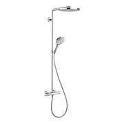 Brushed nickel shower system with overhead rainhead, handheld sprayer, and wall-mounted control valve.