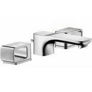 Chrome widespread bathroom faucet with curved spout and two separate handle controls.