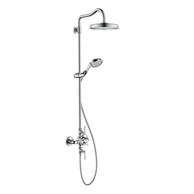 Brushed nickel shower system with overhead rainfall head, handheld spray, and wall-mounted control valve.