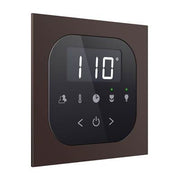 Oil-rubbed bronze square flush mount steam shower control panel with digital display showing 110 degrees and touch buttons.