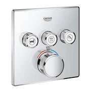 Chrome thermostatic shower trim with three round control buttons above a large circular diverter knob displaying temperature 