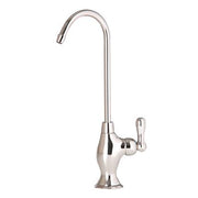 Brushed nickel single-handle point-of-use faucet with curved spout and lever control.