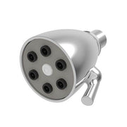 Polished chrome shower head with circular face featuring six black spray nozzles arranged around central white outlet and adj