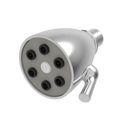 Polished chrome shower head with circular face featuring six black spray nozzles arranged around central white outlet and adj