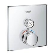 Chrome thermostatic shower trim with square escutcheon plate, digital control module, and large circular dial handle.