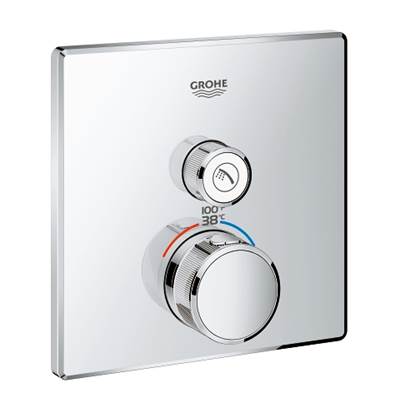 Chrome thermostatic shower trim with square escutcheon plate, digital control module, and large circular dial handle.