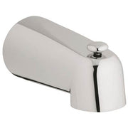 Chrome tub spout with integrated diverter lever and rounded cylindrical design.
