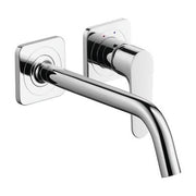 Chrome wall-mounted bathroom faucet with single handle lever and curved spout.