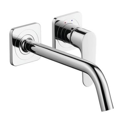 Chrome wall-mounted bathroom faucet with single handle lever and curved spout.